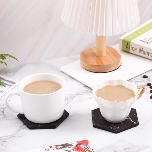 Warmroom Absorbent Hexagon Black Marble Coasters for Drink with Gold Holder and Cork Base Set of 6 Decorative Tabletop Protection for Bar Kitchen Home and Dining Room
