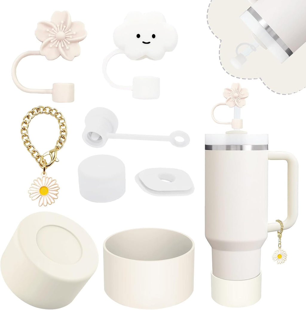 Stanley Cup Accessories Set - 2 Straw Covers, Silicone Spill-Proof Stopper & Flower Handle Charm | Fits 40 & 30 Oz Tumblers (Cream)