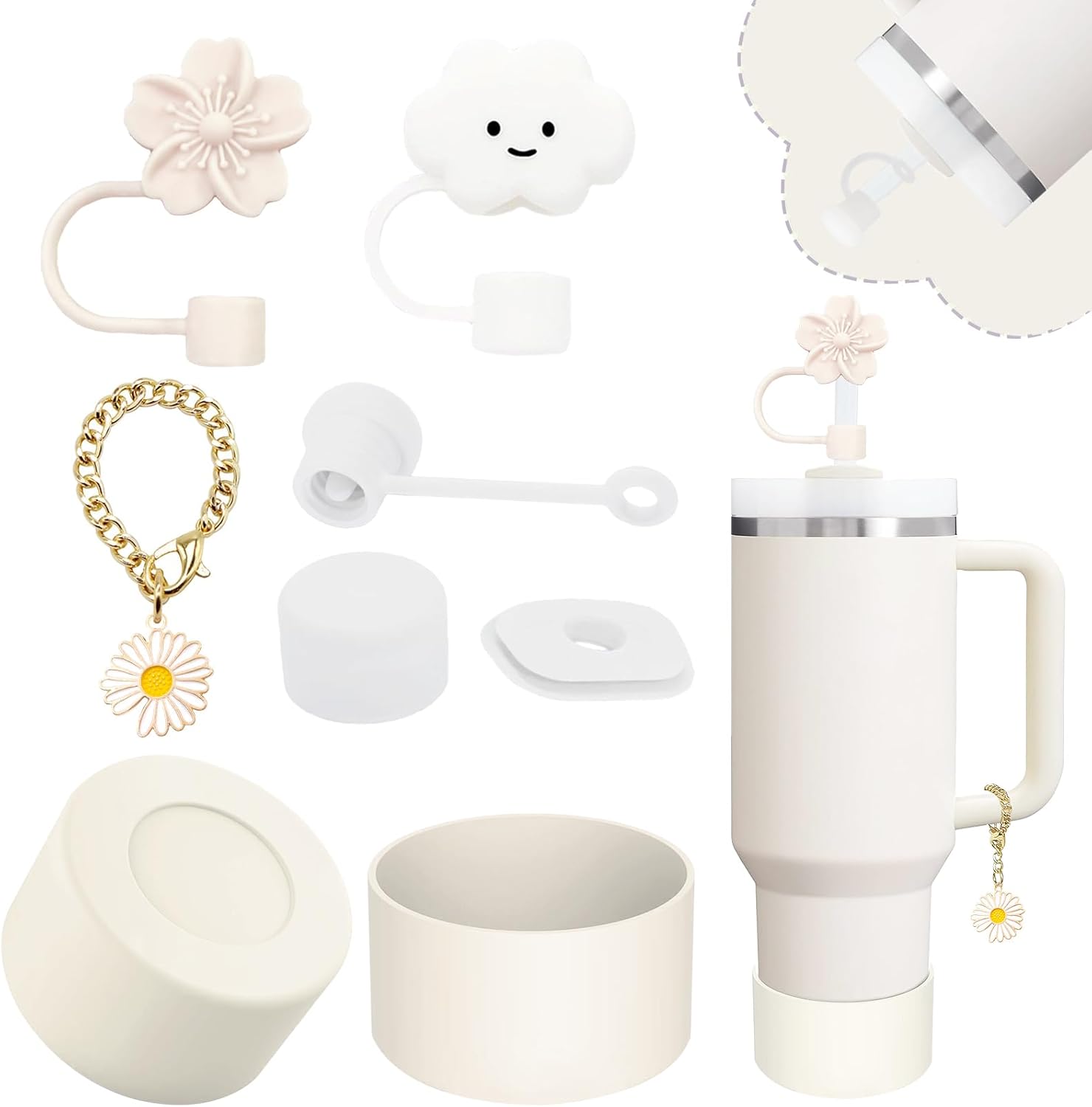 Stanley Cup Accessories Set - 2 Straw Covers, Silicone Spill-Proof Stopper & Flower Handle Charm | Fits 40 & 30 Oz Tumblers (Cream)