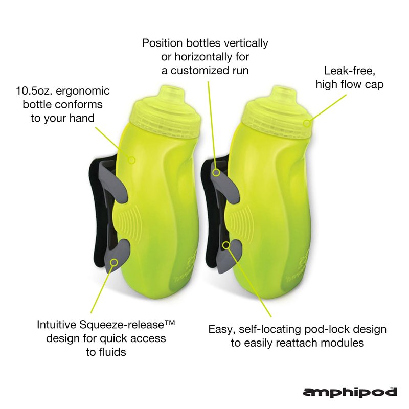 Amphipod RunLite Xtech Hydration System, Dual 10.5 oz Hydraform Water Bottles for Running, Marathons & Endurance Training (Jett-Squeeze Cap) - Amp Green/Charcoal - 2 x 10.5 oz