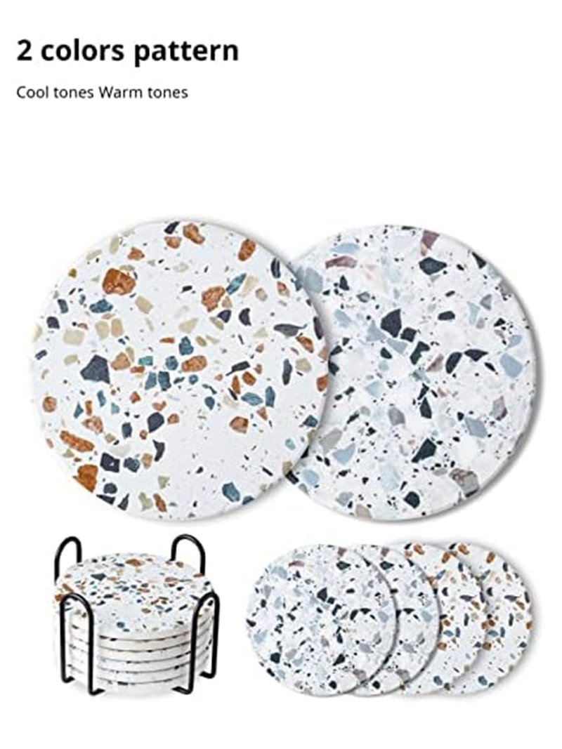 LIFVER Absorbent Drink Coasters with Holder, Set of 6 Ceramic Coasters Set with Cork Base, for Kinds of Drinking Glasses, 4 Inches Stone Coasters for Home Decor, White Elephant Gifts for Adults