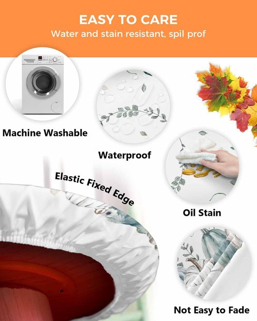 Fall Round Fitted Tablecloth with Elastic Thanksgiving White Teal Pumpkin Tablecloths Eucalyptus Leaves Table Cover for Kitchen Dinner Autumn Holiday Party Picnic Fits Tables up to 55"- 60" Diameter