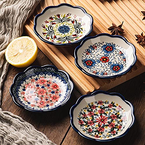 Sizikato 4-Pack Porcelain Appetizer Plates 4-Inch Snack Dish with Flower Pattern
