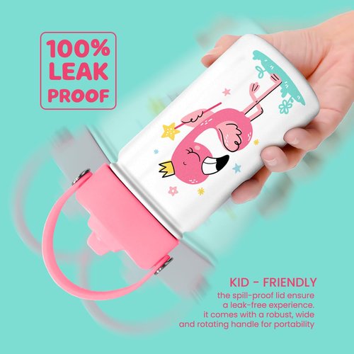 Flamingo Water Bottle - Kids Water Bottle with Straw Lid - 12 Oz Insulated Stainless Steel Water Bottles for Kid Girls - Travel Cup for School Sports