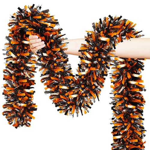 50ft Halloween Tinsel Garland - Metallic Orange & Black Hanging Decor