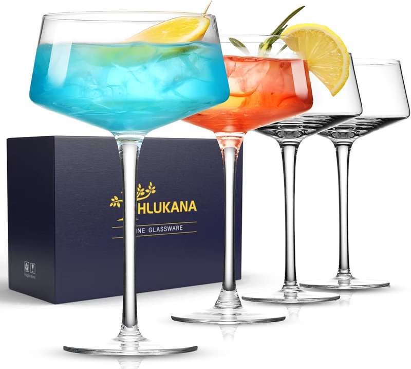 Hlukana Hand Blown Martini Glasses Set of 4, 8 oz Coupe Glass, Premium Crystal Cocktail Glassess, Champagne Glass, Handblown Drinkware Set, Perfect for Bar, Cocktails, Martinis, Margaritas, Parties