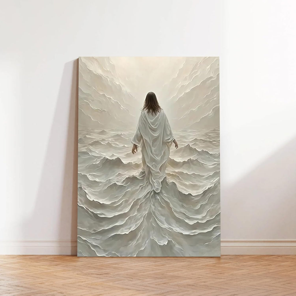 Regine Switzerland Abstract Jesus Walking on Water Canvas Art - Modern Religious Wall Decor 16x24 In