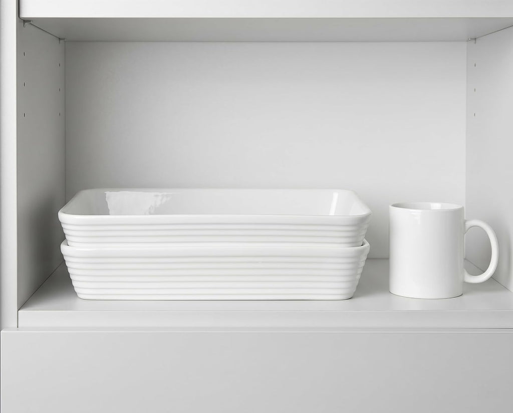 ONEMORE Ceramic Baking Dish - 9x13 Large Rectangular Casserole Pan for Family Meals | Ribbed White Bakeware