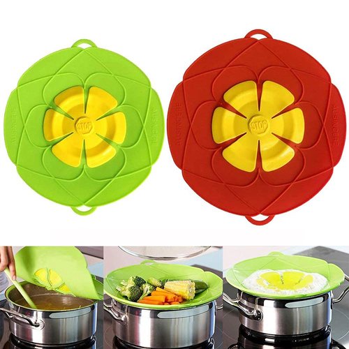 AUSINCERE Spill Stopper Lid, Anti Spill & Boil Over Safeguard, Silicone Pot Cover, Multi-Function Kitchen Tool (11"(Red)+10.2“(Green))