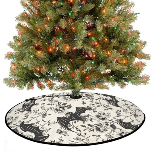 Goth Bat Floral Christmas Tree Skirt - 36 Inch Halloween Holiday Mat