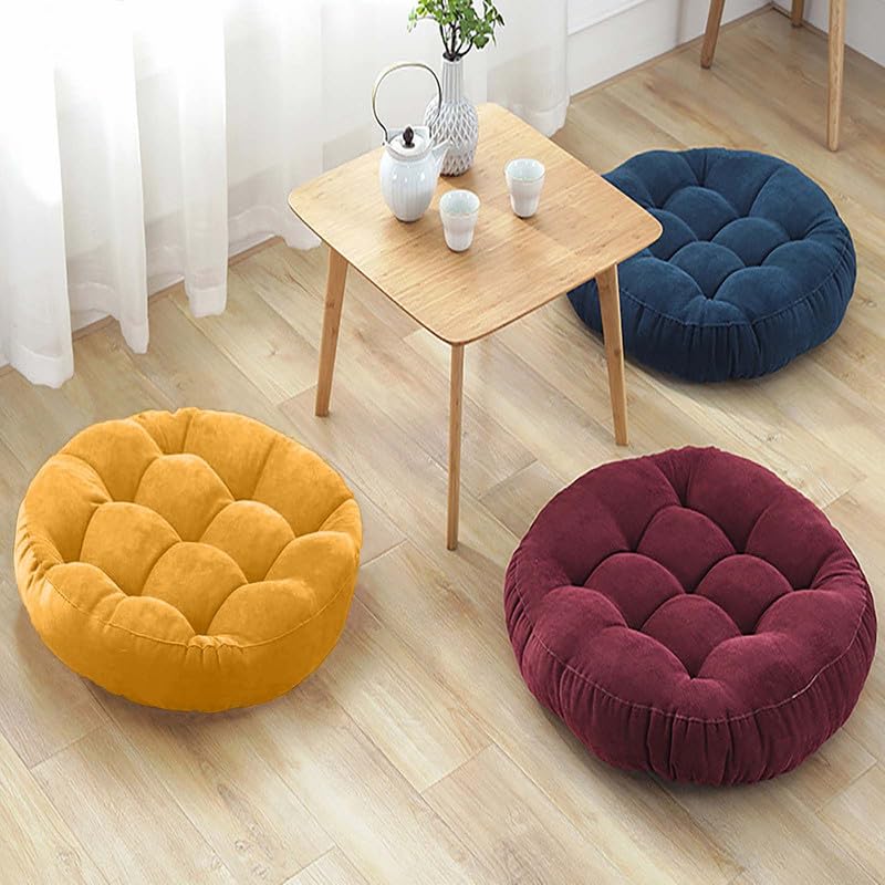 Set of 2 Round Tufted Corduroy Meditation Floor Cushions - 16.5-Inch Yellow