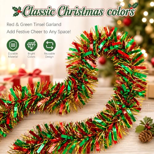 72 ft Red Green Gold Christmas Tinsel Garland – Foil Metallic Twist Streamer