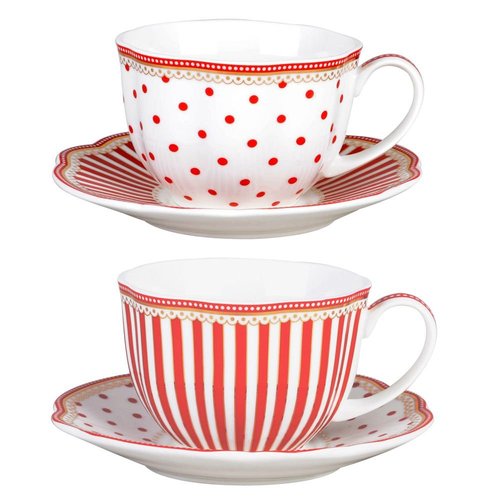 Grace Teaware Red Dot Stripes Scallop 9-Ounce Porcelain Tea/Coffee Cup and Saucer, Set of 2