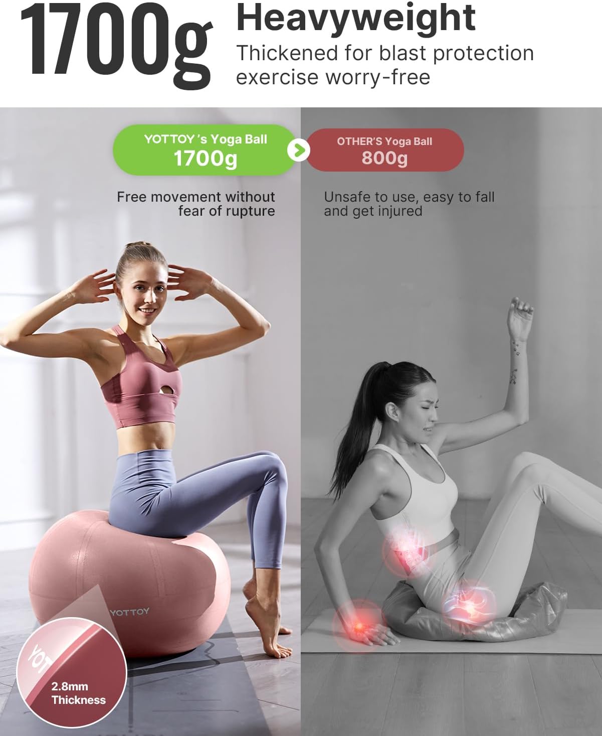 YOTTOY Anti-Burst Exercise Ball - Extra Thick Workout Ball for Yoga, Pregnancy & Physical Therapy
