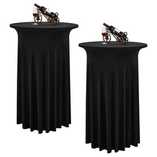 2 Packs Round Cocktail Table Skirt 24"x 43" Spandex Stretch Cocktail Tablecloth with Wavy Drapes, Black Spandex Fitted High Top Table Covers for Wedding Bar Party Birthday Banquet Table
