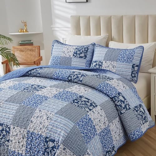 California King Blue Floral Quilt Set - 3 Piece Reversible Bedding