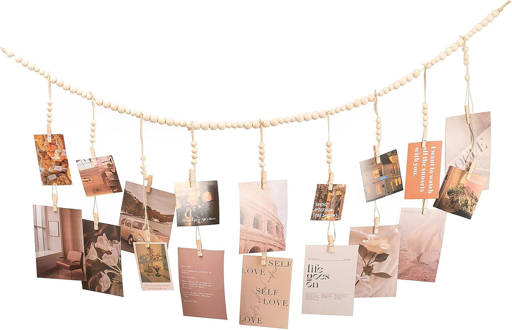 Skiennix Hanging Photo Display - 18 Wood Clips for Boho Wall Décor | Perfect for Bedroom & Living Room