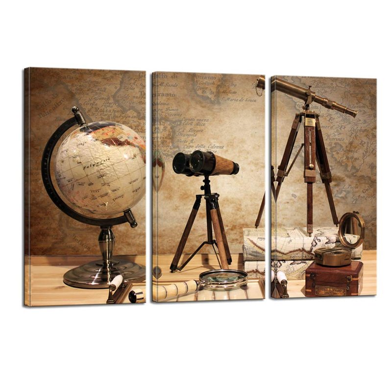 Nachic Wall - Large 3 Piece Canvas Wall Art Ancient Telescope Compass Globe Picture Prints Vintage Grunge Still Life with Ancient Map Poster Painting