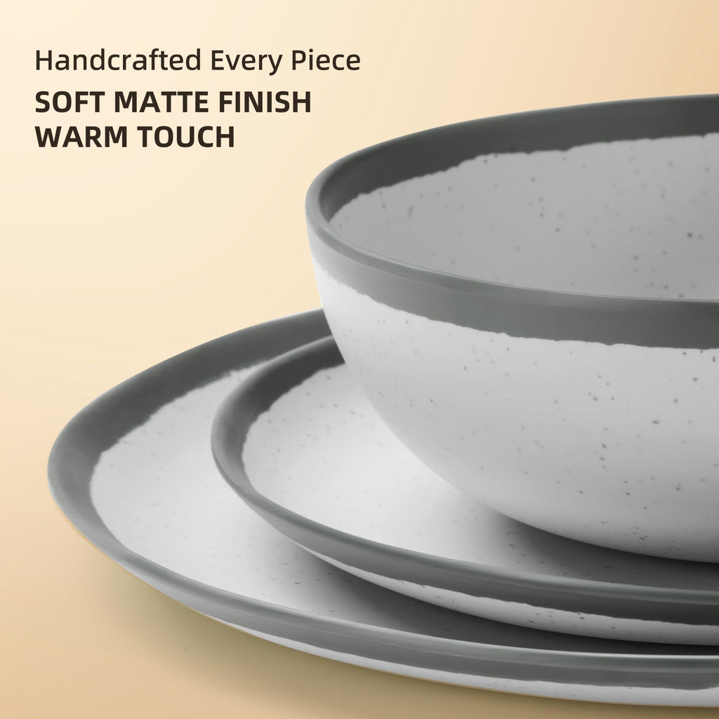 Joviton HOME 18PCS Grey Rim Vintage Melamine Plastic Dinnerware Set for 6 Outdoor Plates and Bowls Sets, Dishes Set