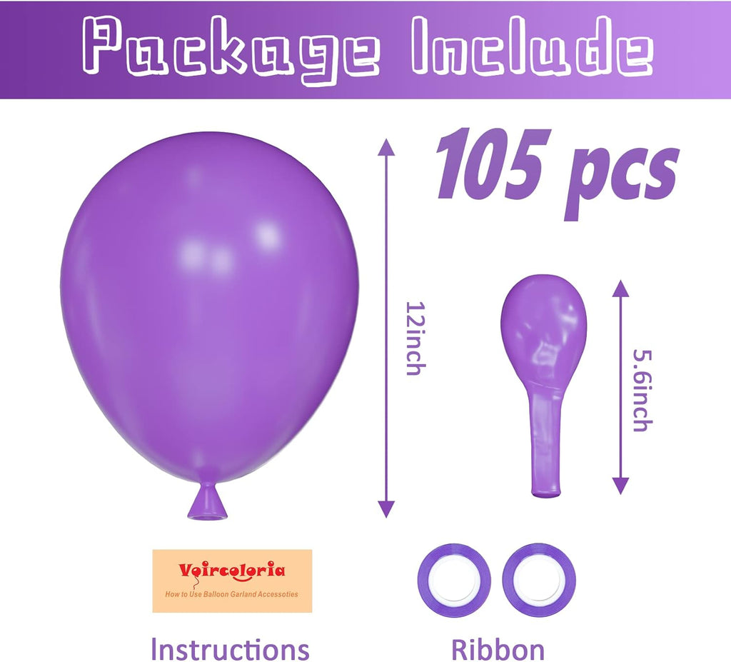 Voircoloria 105pcs Purple Balloons - 12-Inch Latex Party Balloons for Birthdays & Celebrations