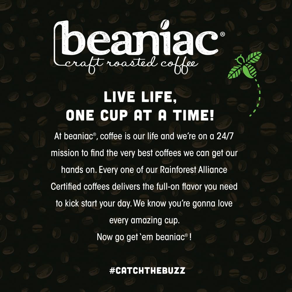 beaniac Organic Full On French Roast, Dark Roast, Single Serve Compostable K Cup Coffee Pods, Organic Arabica Coffee, Keurig Brewer Compatible, 72 Count