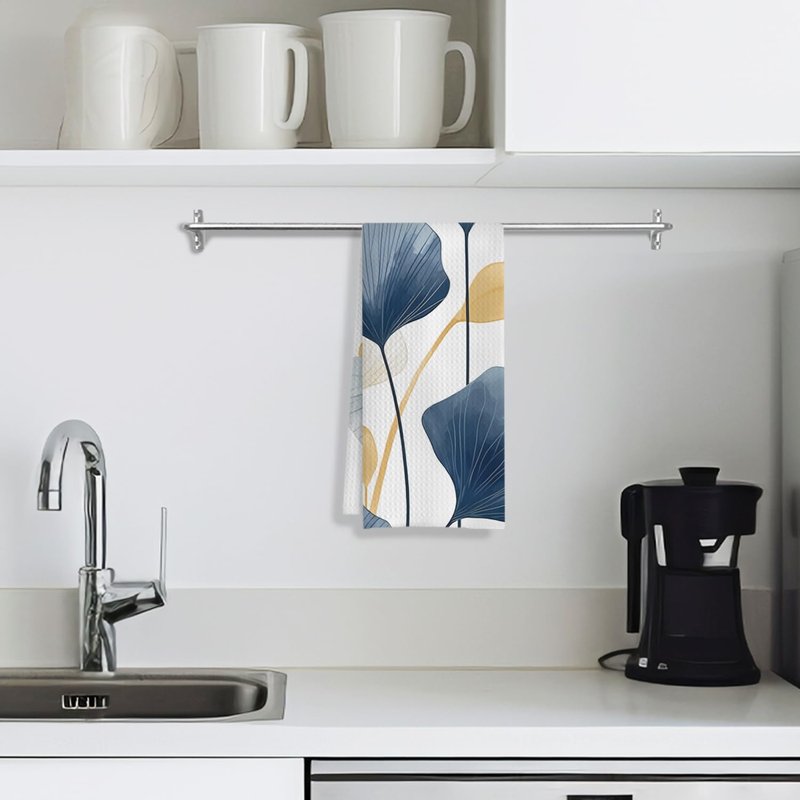 COWEB Boho Botanical Kitchen & Bath Towels - Navy & Golden Ginkgo Leaves, Mid Century Modern Decor, 16x24 Inch