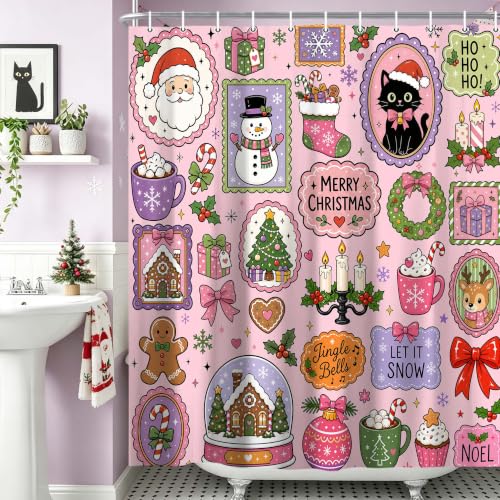 DeeCabin Pink Christmas Shower Curtain Santa Claus & Black Cat 70x70 Inches