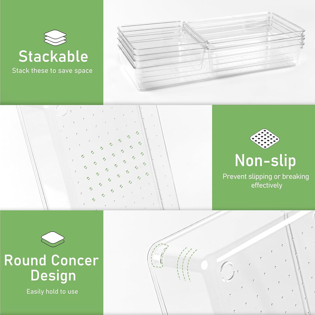Skiennix 6 PCS Clear Plastic Drawer Organizer Trays - Large Size for Makeup, Kitchen & Office | 12'' Acrylic Design