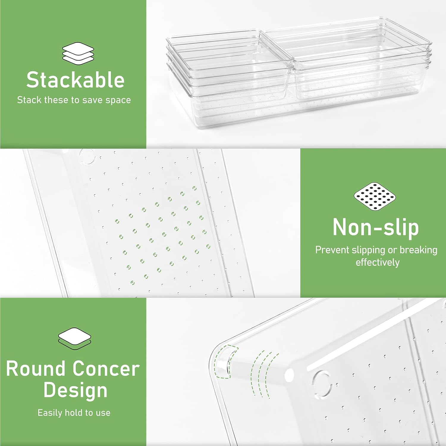 Skiennix 6 PCS Clear Plastic Drawer Organizer Trays - Large Size for Makeup, Kitchen & Office | 12'' Acrylic Design
