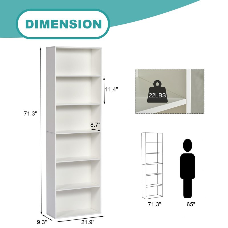 OneBlis 6-Tier Book Shelf, Floor Standing Open Bookcase, Wooden Display Storage Shelves with Anti-Tipping Device, 71" Tall Bookshelf for Bedroom, Living Room and Office, White