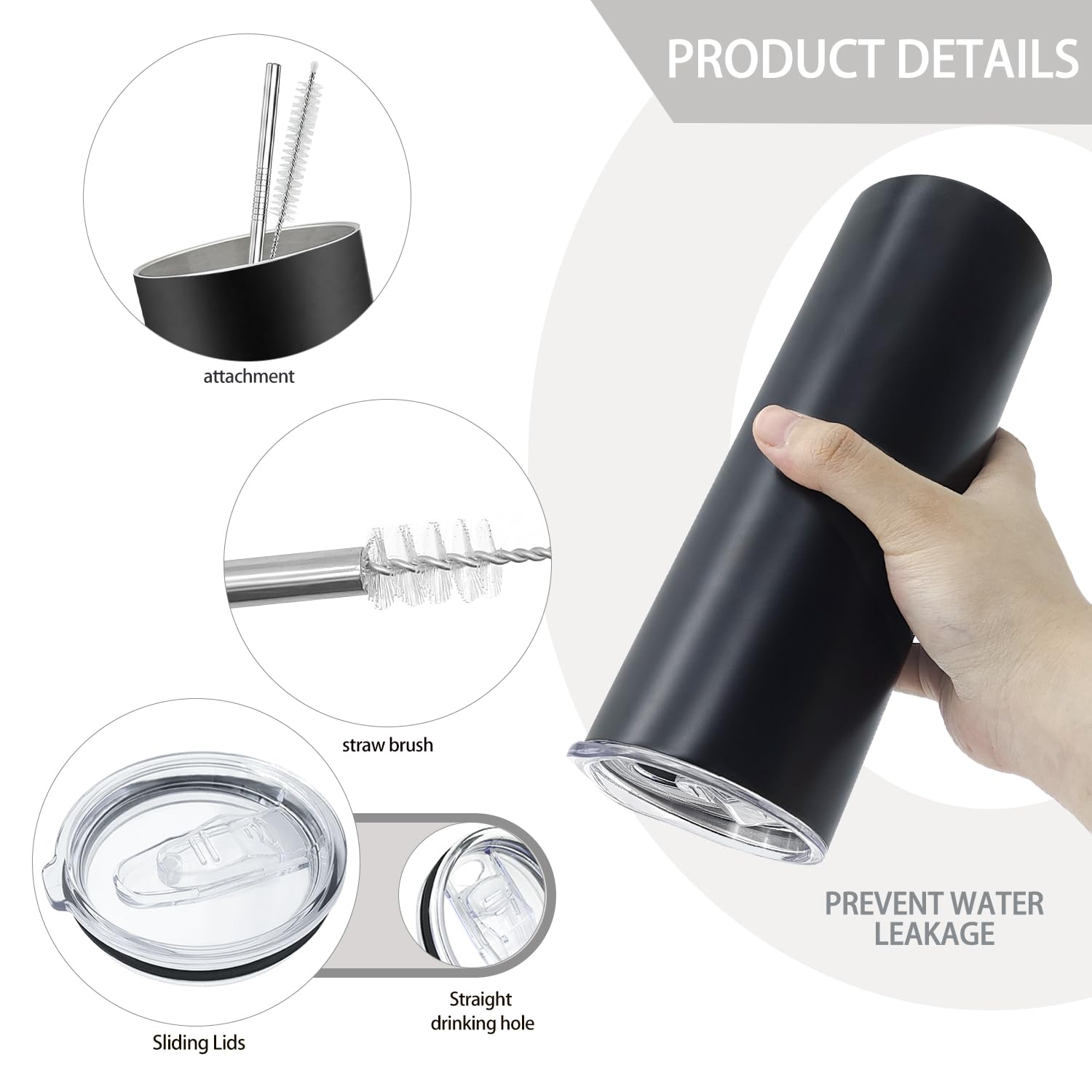 YOUKE OLA 12 Pack Stainless Steel Skinny Tumblers Bulk Straight Double Wall Insulated Tumbler with Lid and Straw for, DIY, Black, 20oz