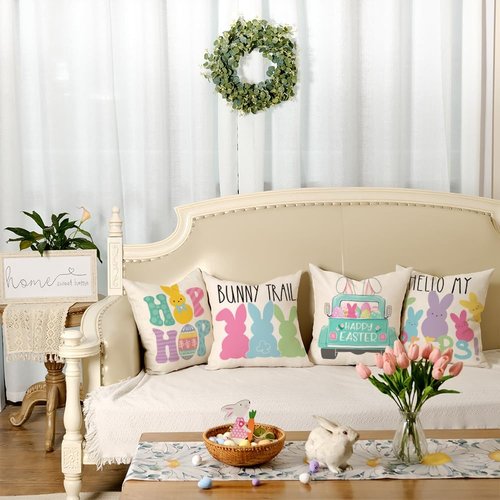 GEEORY Easter Pillow Covers 18x18 Set of 4 Easter Decorations for Home Bunny Truck Hello Peeps Hip Hop Decorative Throw Pillows Spring Easter Farmhouse Decor
