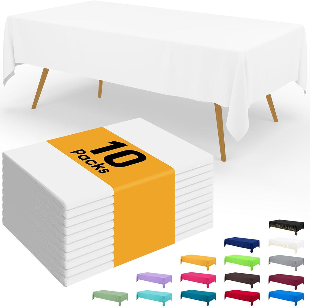Smiry Disposable Tablecloths - Waterproof 54 x 108 Inch Rectangle Covers | 10 Pack, Sturdy & Leakproof, White