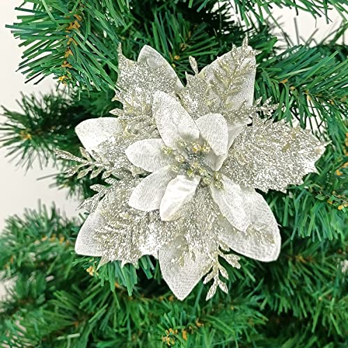 12-Pack 5.5-Inch Silver Glitter Poinsettia Christmas Tree Ornaments