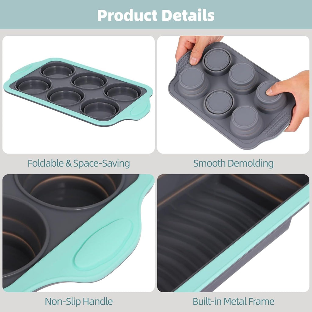Skiennix Silicone Baking Pan Set - 4PCS Nonstick Stackable Pans with Grip Handles & Metal Reinforcement | Ideal for Muffins, Loaves, Cakes