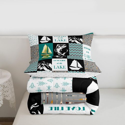 Love Lake Life Comforter Set, Lake House Bedding Set Twin Size, Retro Sailboat Rustic Down Comforter For Kids Boys Teens Adult, Hunting Fishing Plaid Patchwork Quilted Duvet, Blue White White