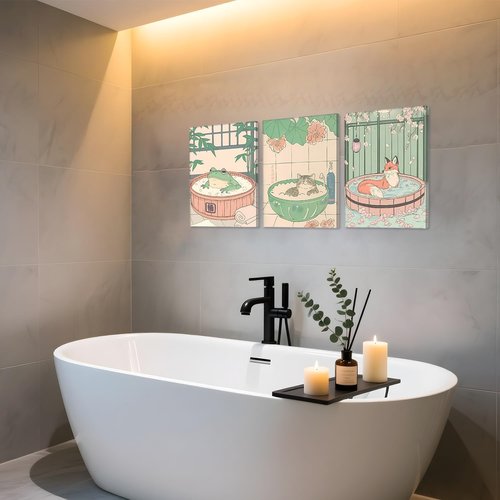 Framed Japanese Wall Art Set by [Brand Name] - Cute Tabby Cat, Fox & Frog Bathroom Decor | 12x16 Inch Canvas Prints