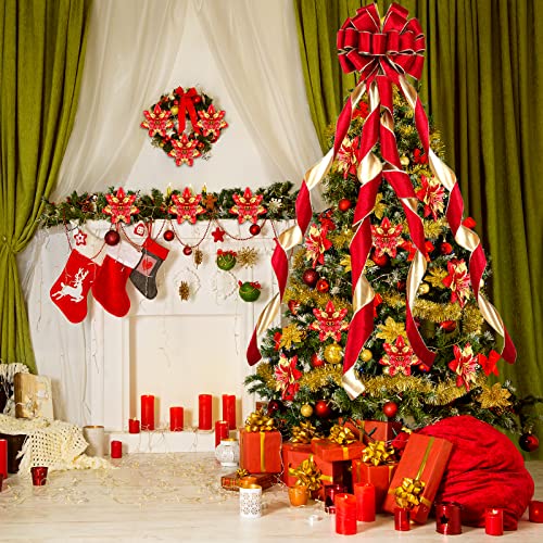 Dingion Large Christmas Tree Topper Velvet Bow Decor, Red Golden