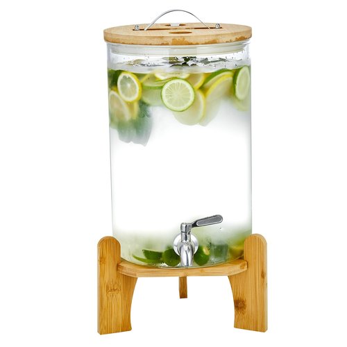 Beverage Dispenser 2.1 Gallon with Spigot Glass Water Dispenser for Parties, Bars, Restaurants (8L）with Wood Stand Drink Dispensers