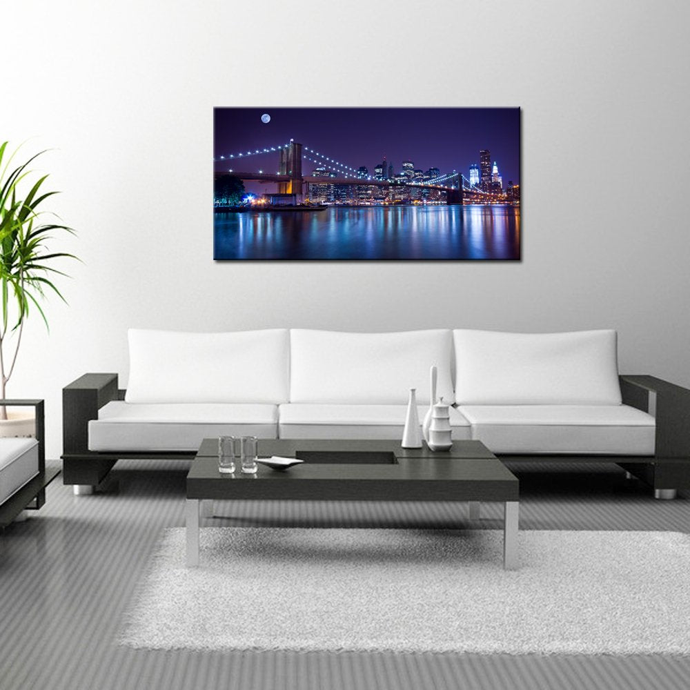 sechars - Brooklyn Bridge Canvas Wall Art Modern New York City Picture Print Manhattan Skyline with Full Moon Painting for Home Office 24"x48"