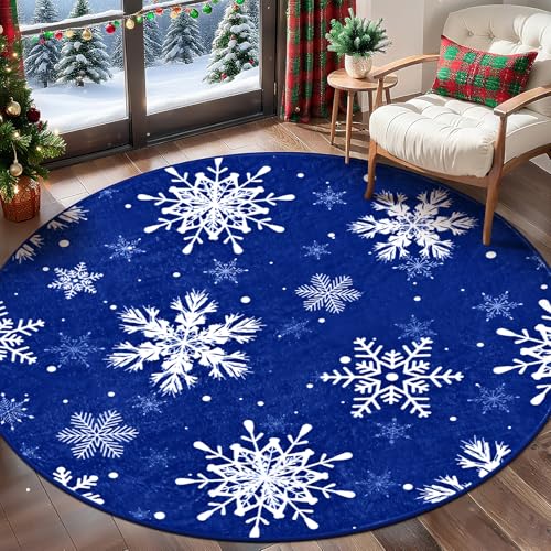 Blue 4ft Christmas Snowflake Round Rug - Washable Non-Slip Holiday Decor
