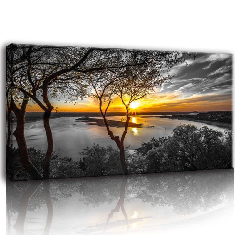 Bamdeya Black and White Canvas Wall Art Bedroom Lake Tree Print Art Forest Gold Sunset Poster Picture Natural Scenery Artwork Landscape Painting Living Room Wall Decor Modern Home Decor Framed