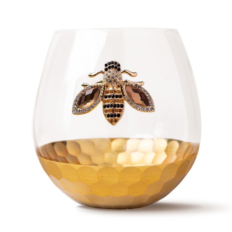 Modern Outlet Home Decor Honey Bee Stemless Wine Glasses - Set of 2 Luxury Crystal Glassware with Jeweled Honey Bee - Unique Wine Lover Gifts for Women - Tumbler for Cocktails, Red, or White Drinks