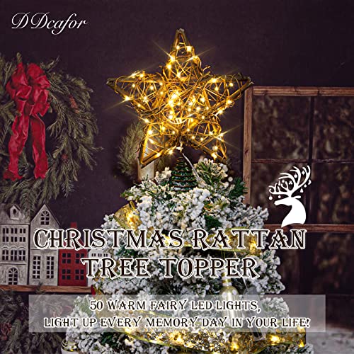 Natural Rattan Star Christmas Tree Topper with 50 Warm LED Lights