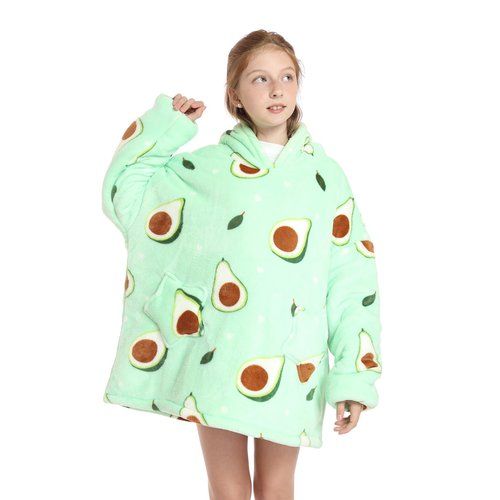 Deserthome Wearable Blanket Hoodie for Kids 4-12YR Oversized Hooded Blanket Super Soft Comfortable Warm Flannel Green Avocado