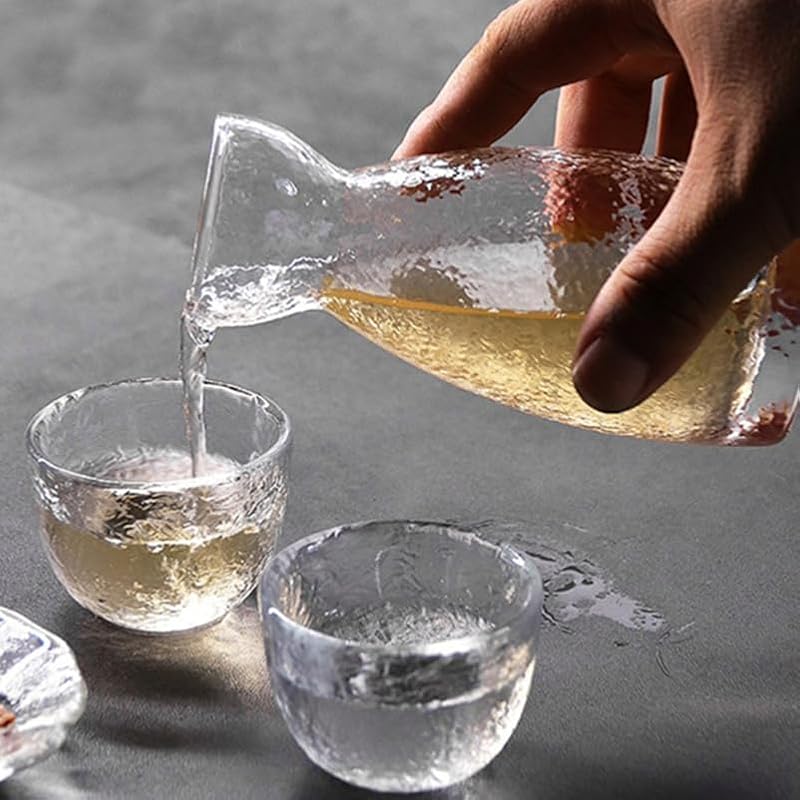 Japanese Sake Set with Hammered Glass Pot & 4 Cups - Elegant Drinkware