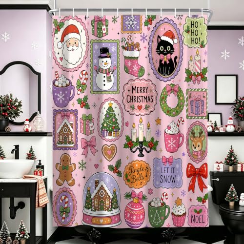 DeeCabin Pink Christmas Shower Curtain Santa Claus & Black Cat 70x70 Inches