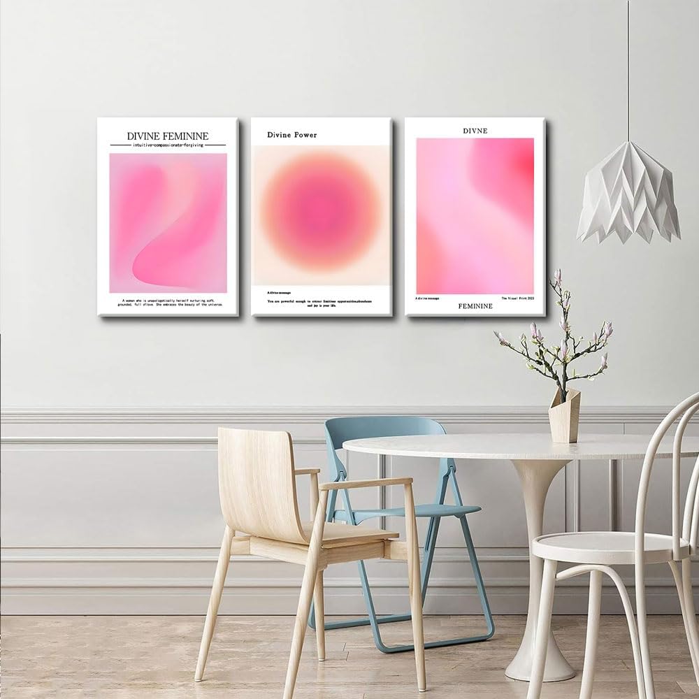 Trendy Aesthetic Canvas Wall Art - Set of 3 Pink Gradient Aura Angel Prints | Framed 12x16 Inch Decor for Bedroom & Living Room