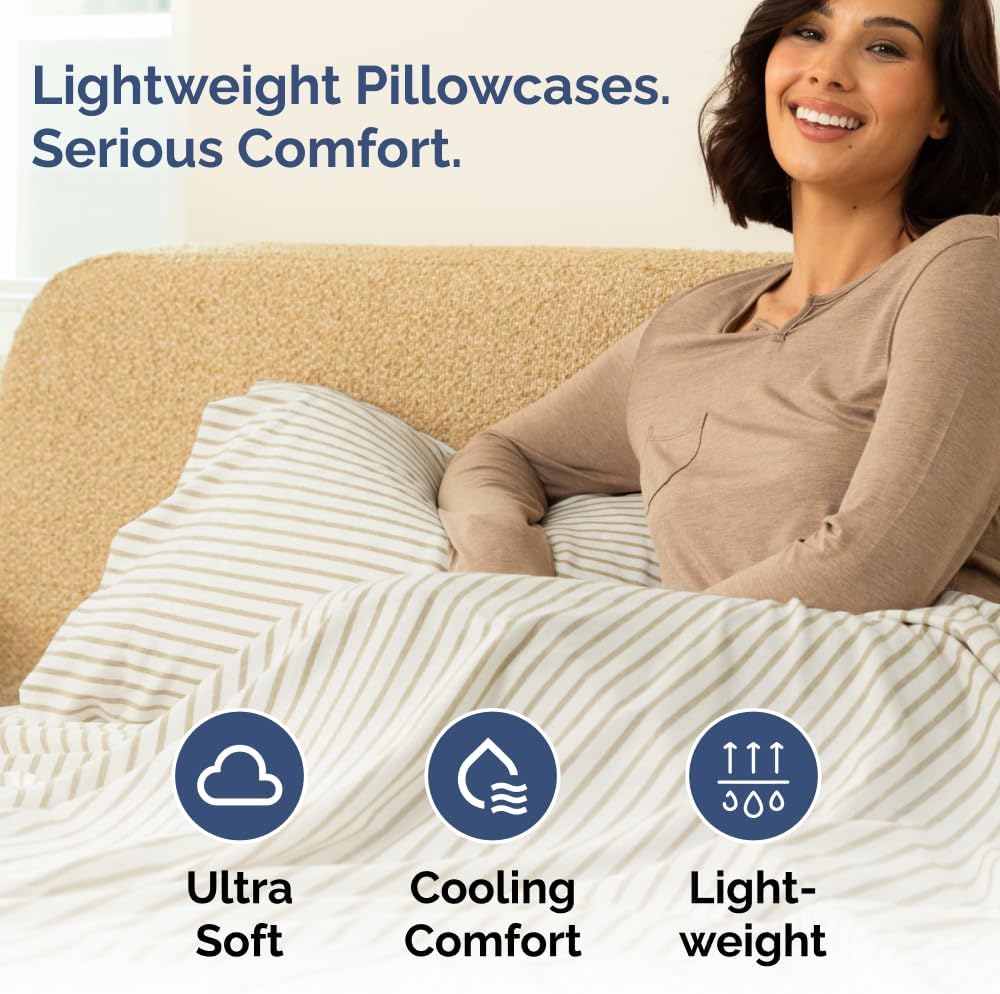 Skiennix Standard Pillow Cases - Ultra-Soft Hotel Quality Covers | Comfy, Wrinkle-Free & Stain Resistant - 2 Piece Set in Beige Stripes