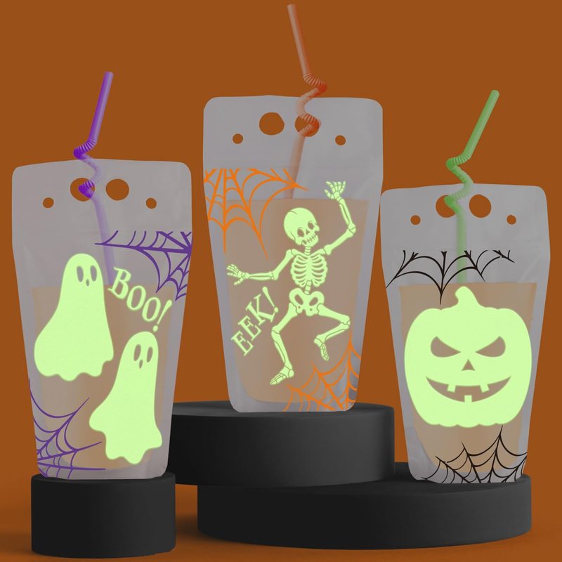 xo, Fetti Glow In Dark Halloween Party Drink Pouches + Straws - 15 Pcs | Halloween Cups, Spooky Party Decorations, Skeleon Party Favors, Ghosts, Pumpkin, Spiderwebs